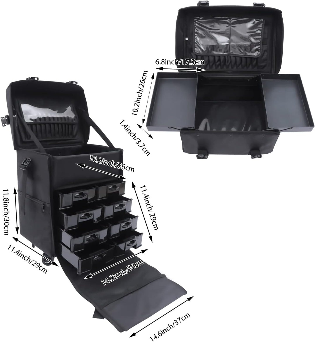 2 in 1 Kosmetikkoffer, Abnehmbarer Kosmetikkoffer Trolley mit Rollen und Deichsel, Friseurkoffer mit