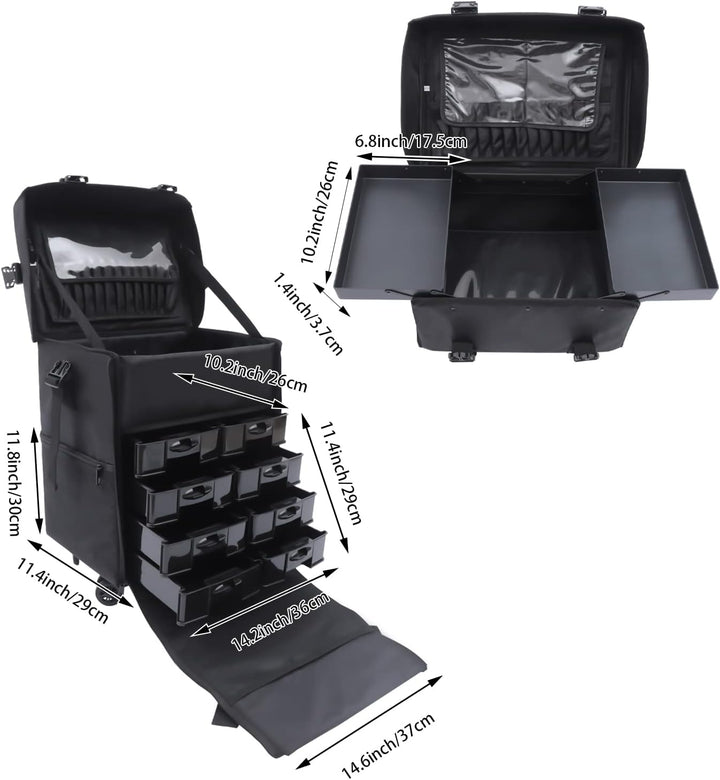 2 in 1 Kosmetikkoffer, Abnehmbarer Kosmetikkoffer Trolley mit Rollen und Deichsel, Friseurkoffer mit