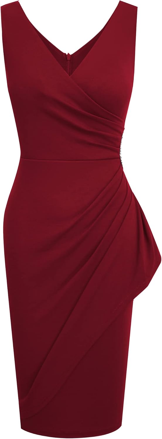 HOMEYEE Damen V-Ausschnitt Ärmellos Rüschen Peplum Bodycon Cocktail Bleistiftkleid B706 M Burgund, M