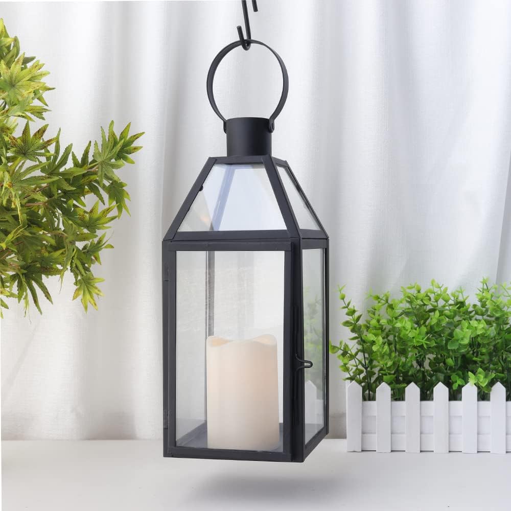 JHY DESIGN Schwarze dekorative Laternen 40.5 cm hoch Edelstahl-Kerzenlaternen mit gehärtetem Glas fü