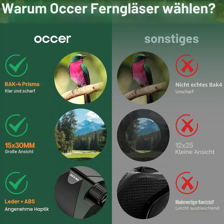 occer Kompaktes Fernglas für Erwachsene und Kinder, 15x30 cm, Grosses Sichtfeld, Leistungsstarkes Fe