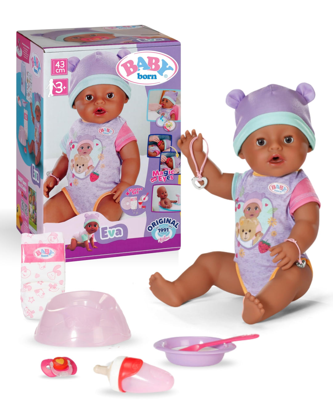 BABY born Eva 43cm, Babypuppe mit 10 Funktionen und Accessoires, für Kinder ab 3 Jahren, funktionier