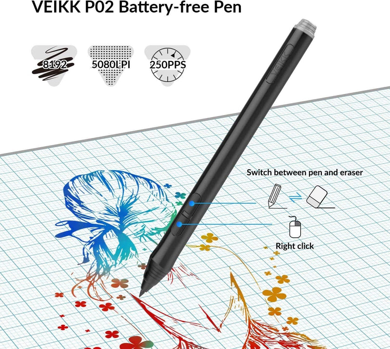 Grafiktablett VEIKK A15PRO, 10x6 Zoll Pen Tablet mit Batterielosem Stift und 8192 Professionellen Dr