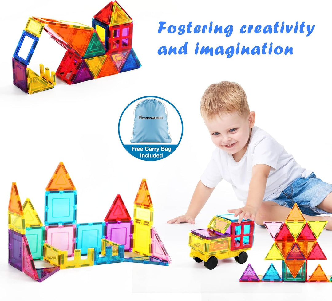 PicassoTiles Magnet-Bausteine mit Auto-Basis, Aufbewahrungstasche mit Kordelzug, Reisetasche, Trag