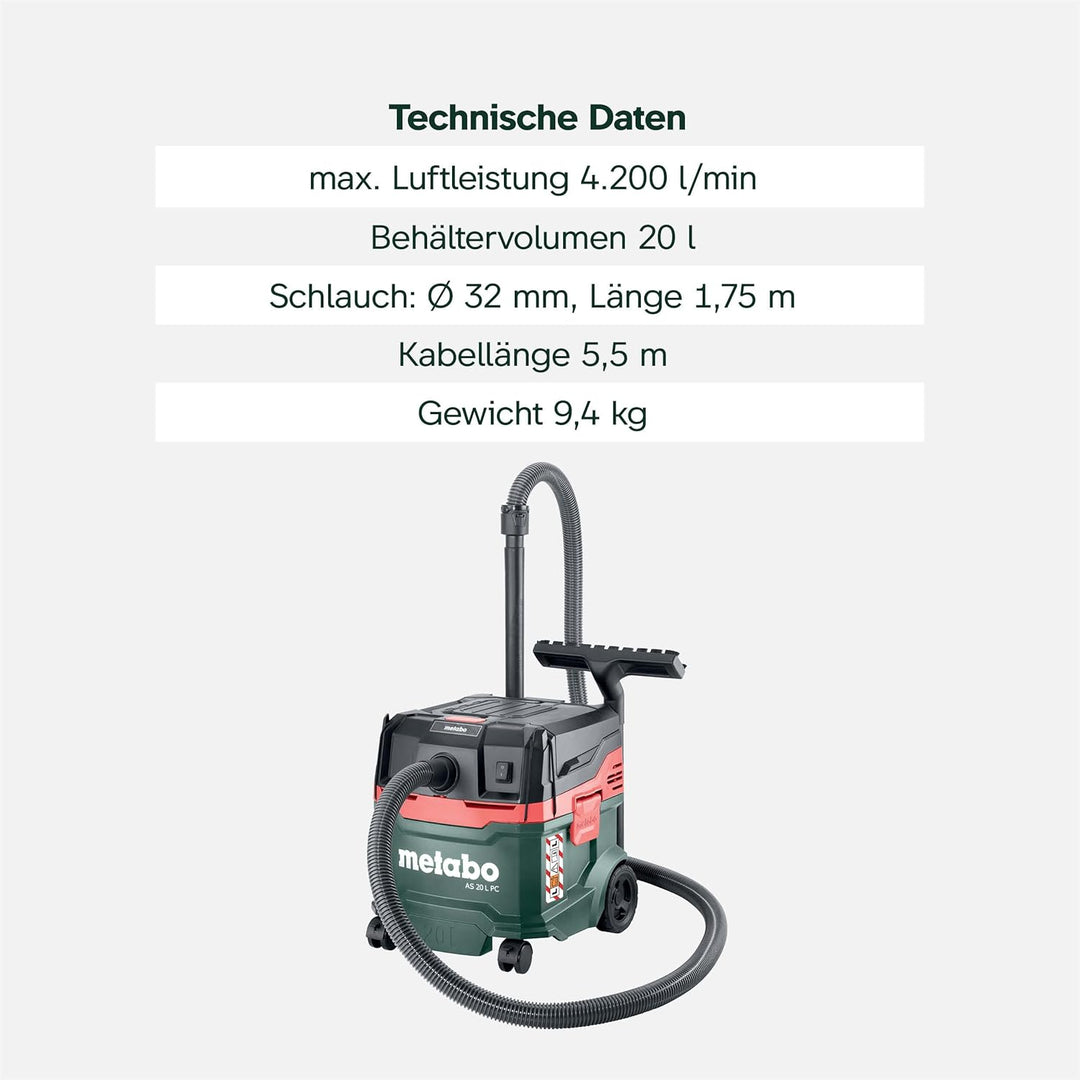 metabo AS 20 L PC Allessauger – 602083000 – Nass-/Trockensauger mit integrierter Filterabreinigung –