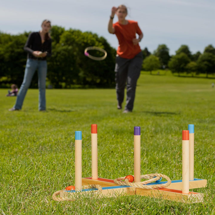 Relaxdays Ringwurfspiel, Holzwurfspiel für Kinder & Erwachsene, mit 5 Ringen, drinnen und draussen,