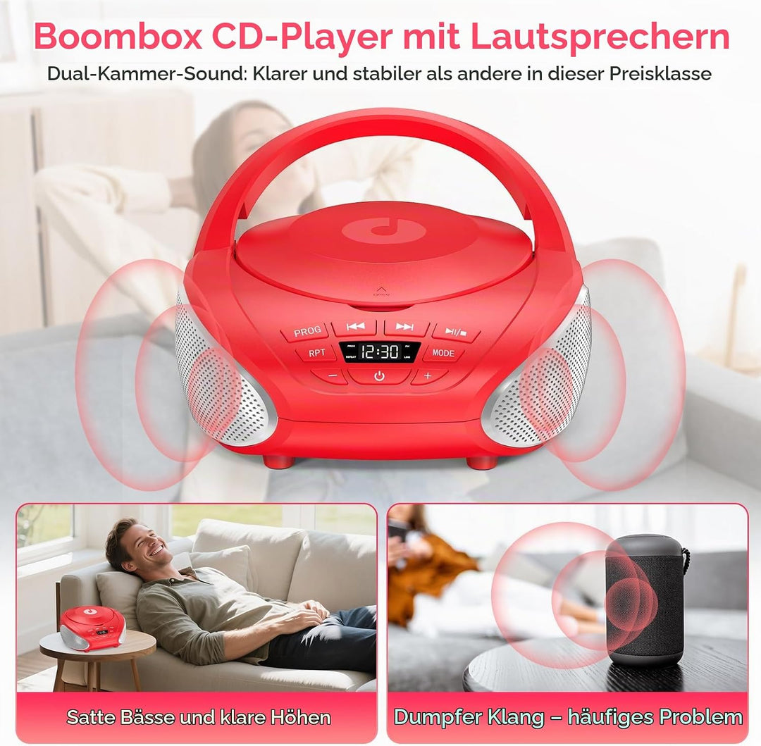 Gueray Tragbarer CD-Player Boombox Kompakt-Radio mit Stereo-Lautsprechern UKW-Radio 3,5-mm-AUX-Einga