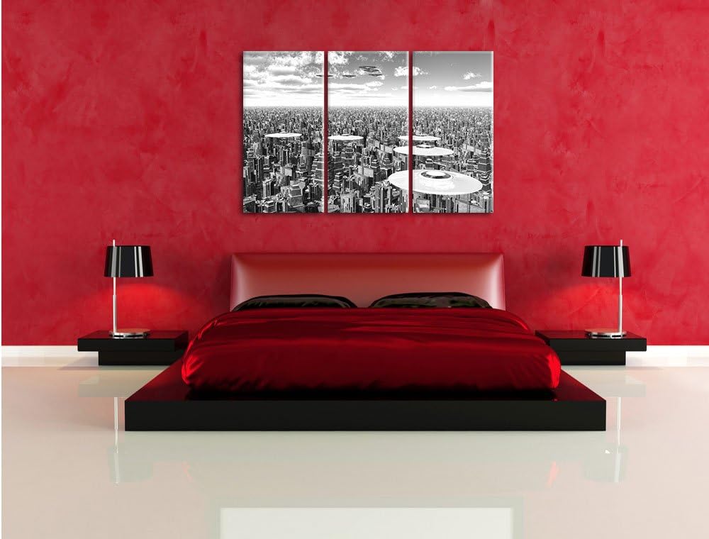 Pixxprint UFO´s über der Stadt Kunst B&W 3-Teiler Leinwandbild 120x80 Bild auf Leinwand