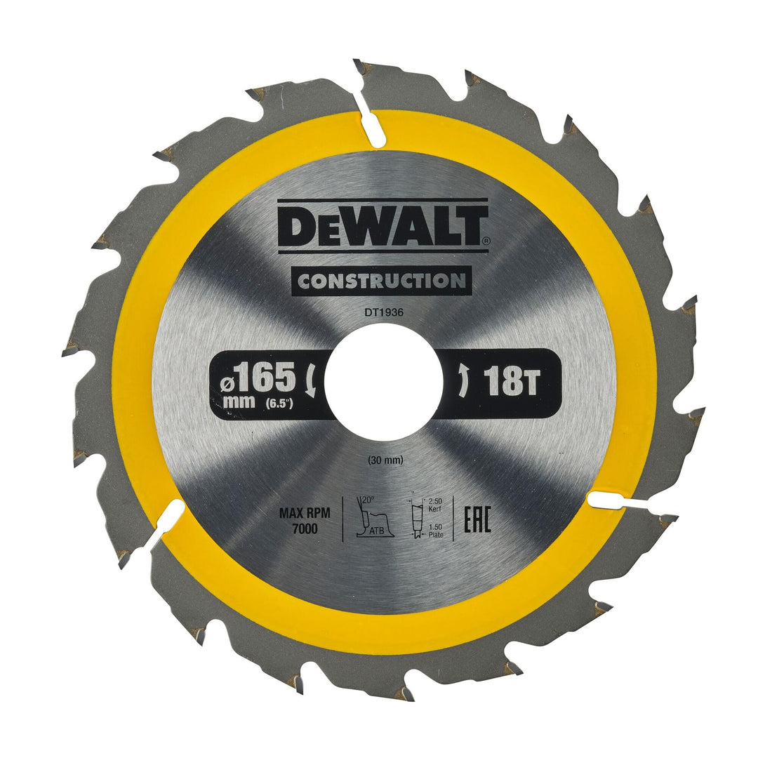 Dewalt Construction Bau-Kreissägeblatt für Handkreissägen DT1936 (165/30, 18WZ, 20°, mit Reduzierrin