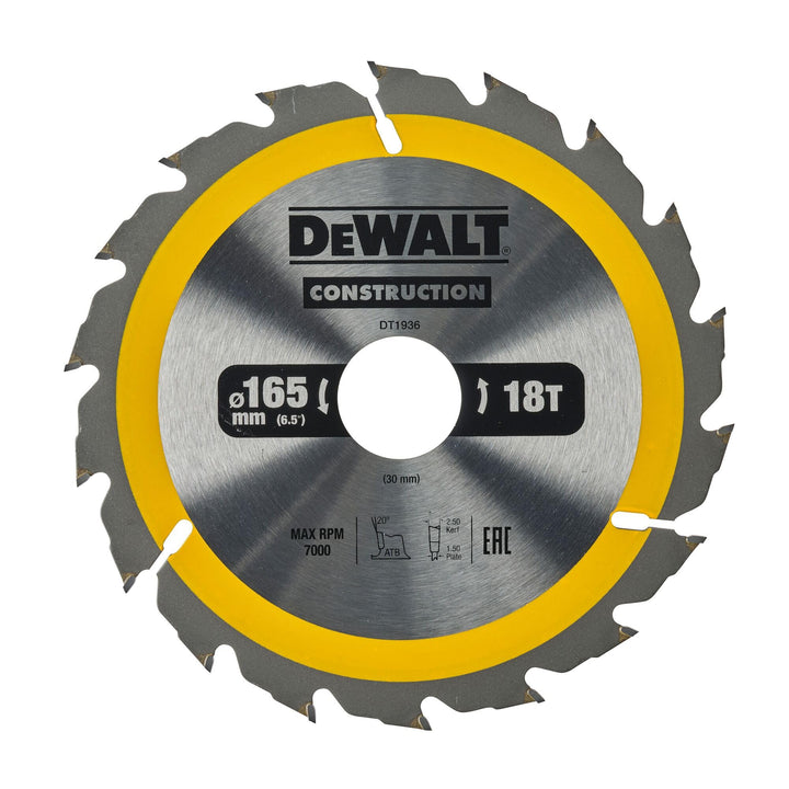 Dewalt Construction Bau-Kreissägeblatt für Handkreissägen DT1936 (165/30, 18WZ, 20°, mit Reduzierrin