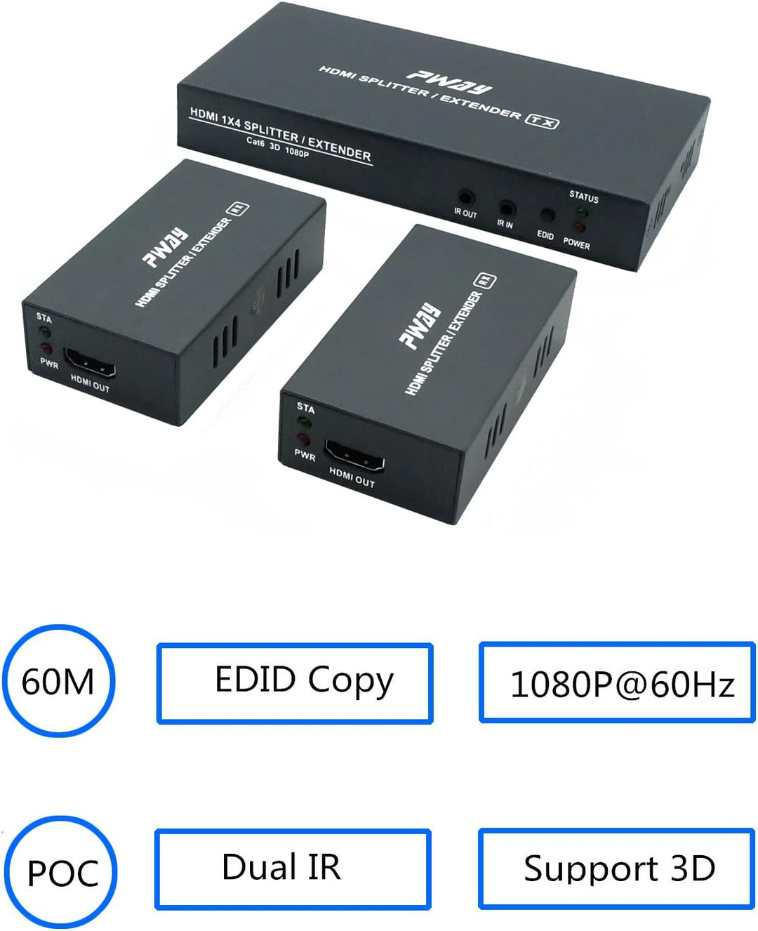 PW-HTS0102IR（POC） 1X2 Port HDMI Splitter Extender/Verteiler Ultra HD 1080P Ohne Verzögerung 60m über