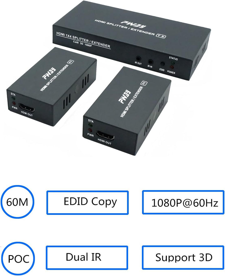 PW-HTS0102IR（POC） 1X2 Port HDMI Splitter Extender/Verteiler Ultra HD 1080P Ohne Verzögerung 60m über