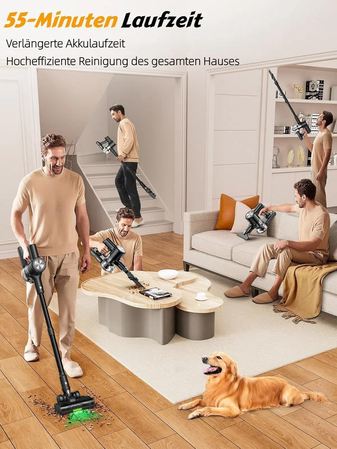 Akku Staubsauger 48KPa/500W/55Mins, Staubsauger Kabellos mit Wandmontierte Ladestation, Selbststehen