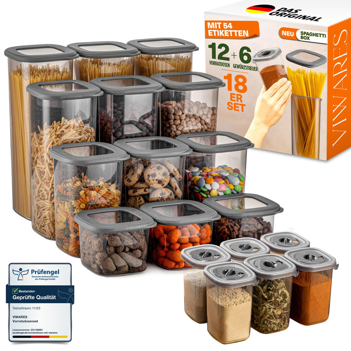 Vorratsdosen Set 18-teilig – inkl. 2,0L Spaghetti Box & 6 Gewürzdosen mit Dosierdeckel – stapelbare