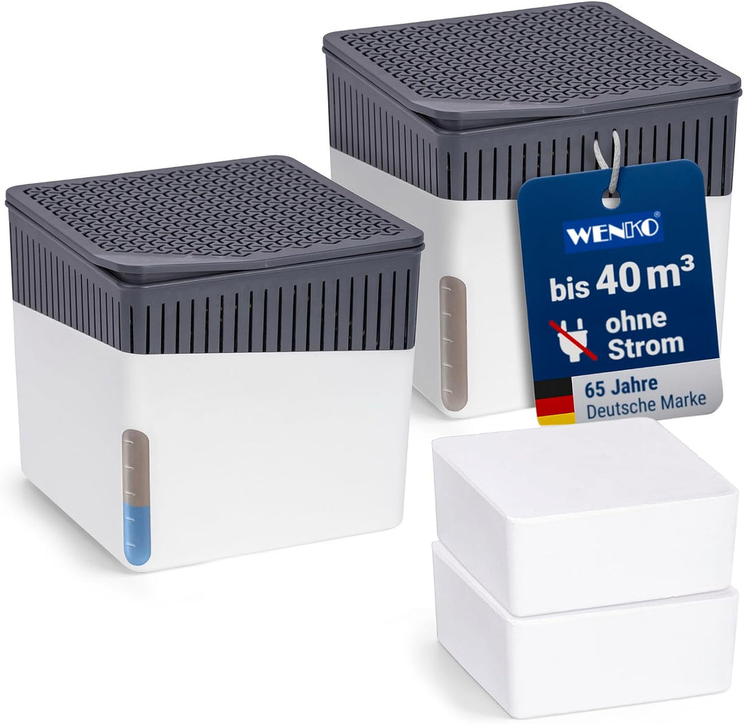 WENKO Raumentfeuchter Cube 500 g weiss, 2er Feuchtigkeitskiller Feuchtigkeits-Stopper reduziert Schi