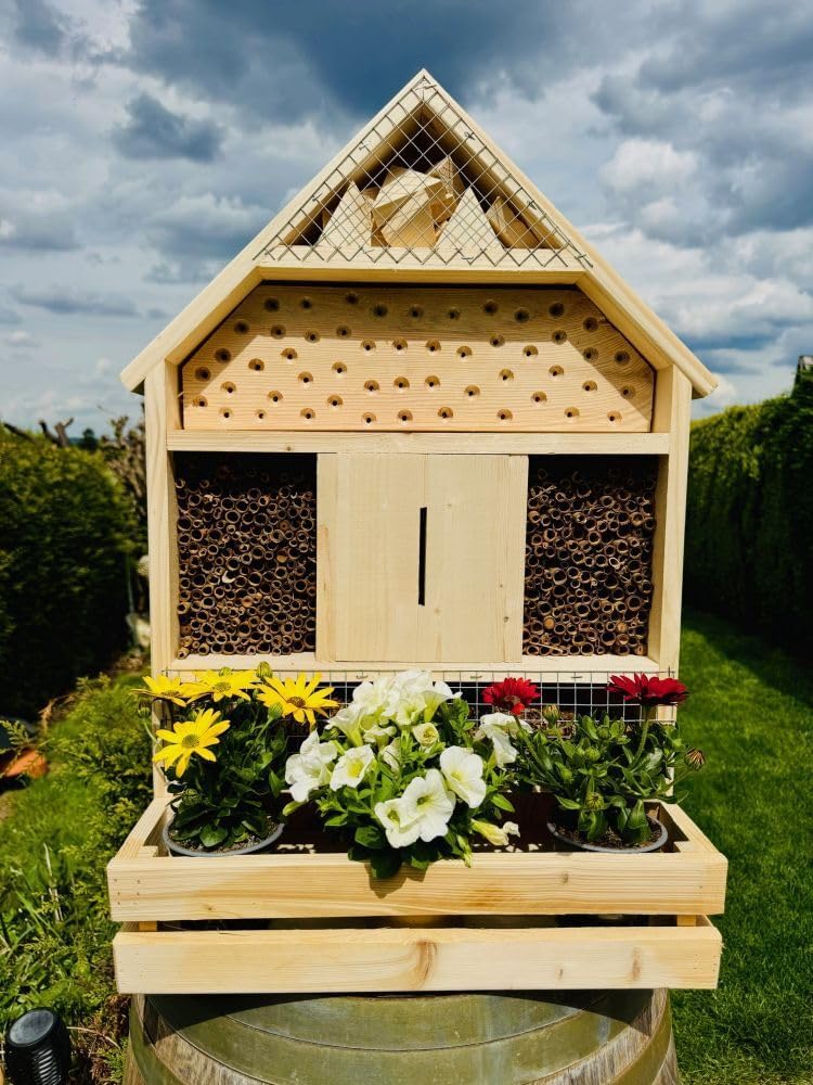 handgefertigtes Insektenhotel XL Wildbienen Nisthilfe I Insektenhaus mit Blumenkasten aus Holz und S