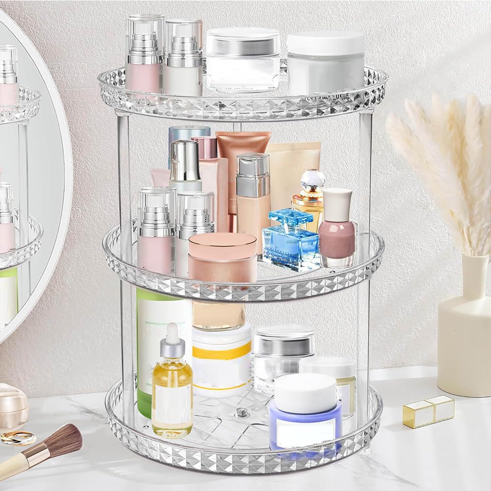 ROWNYEON 360° Drehbar Make up Organizer, Kosmetik Organizer Hautpflege 3 Lagen Skincare Parfüm Badez