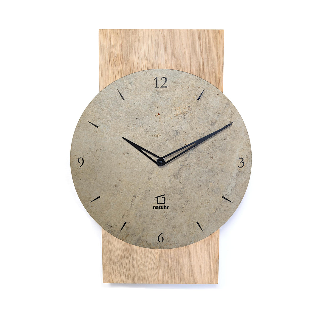 Natuhr Schiefer Wanduhr - Zugspitze - Holz Eiche Schiefer Stein geräuscharm Made in Germany (Heller