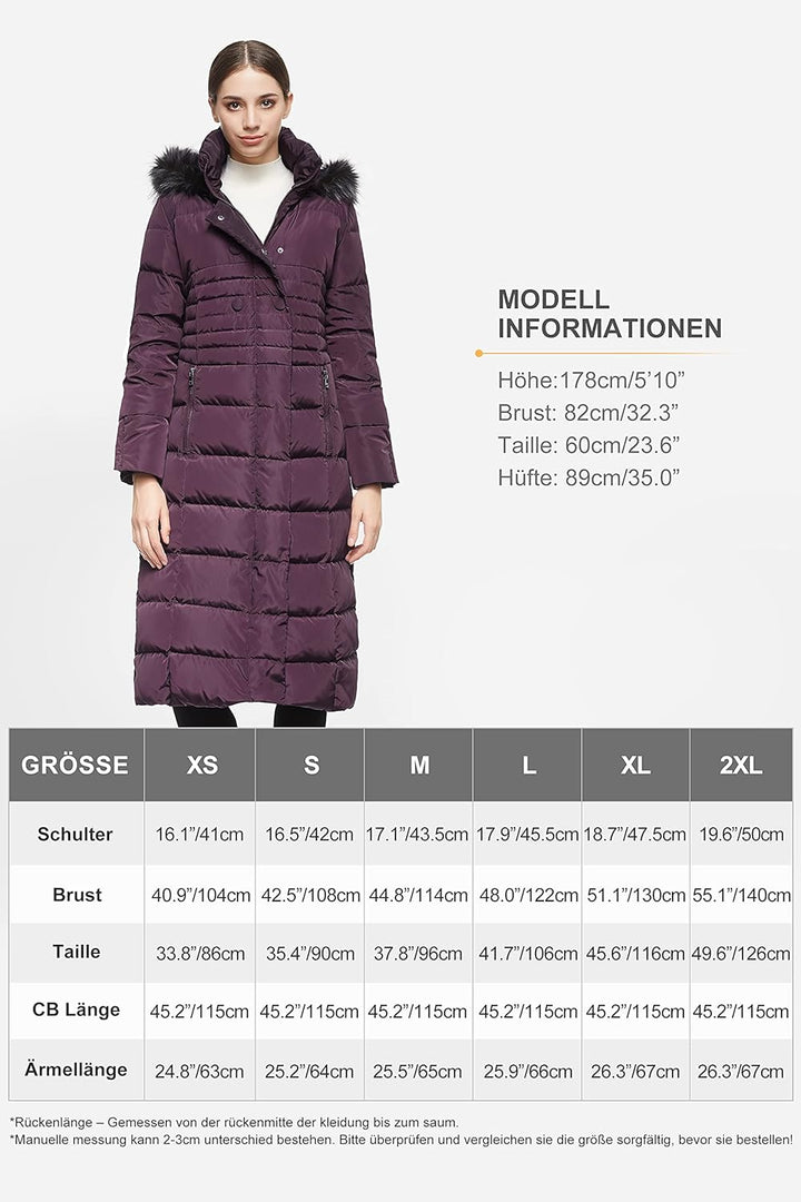 Orolay Damen Daunenmantel Lang Warm Winterjacke mit Kapuze Kunstpelz XXL Marine, XXL Marine
