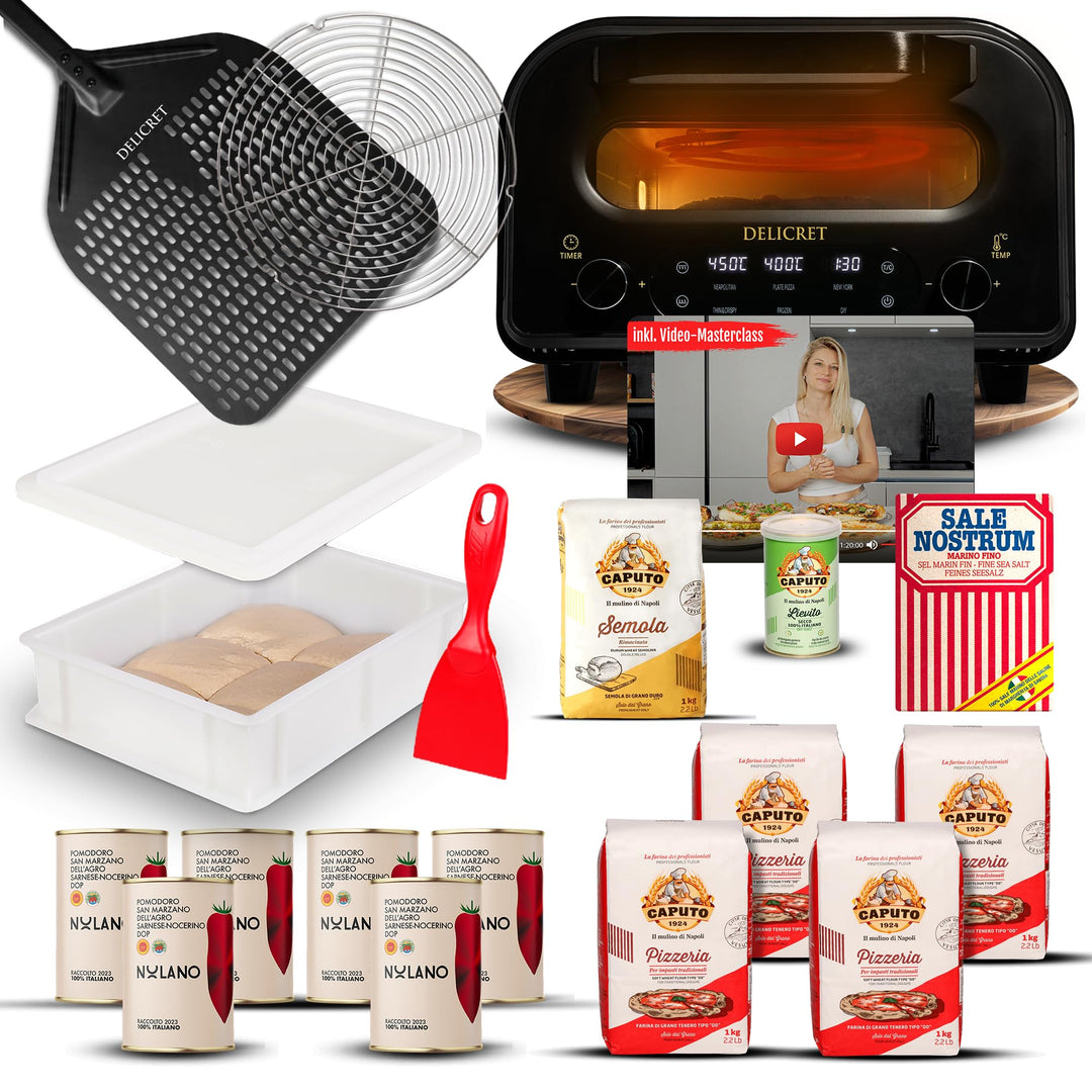 DELICRET elektrischer Pizzaofen 12” mit Pizzaschieber & Pizzateig Deluxe Kit mit San Marzano Tomaten