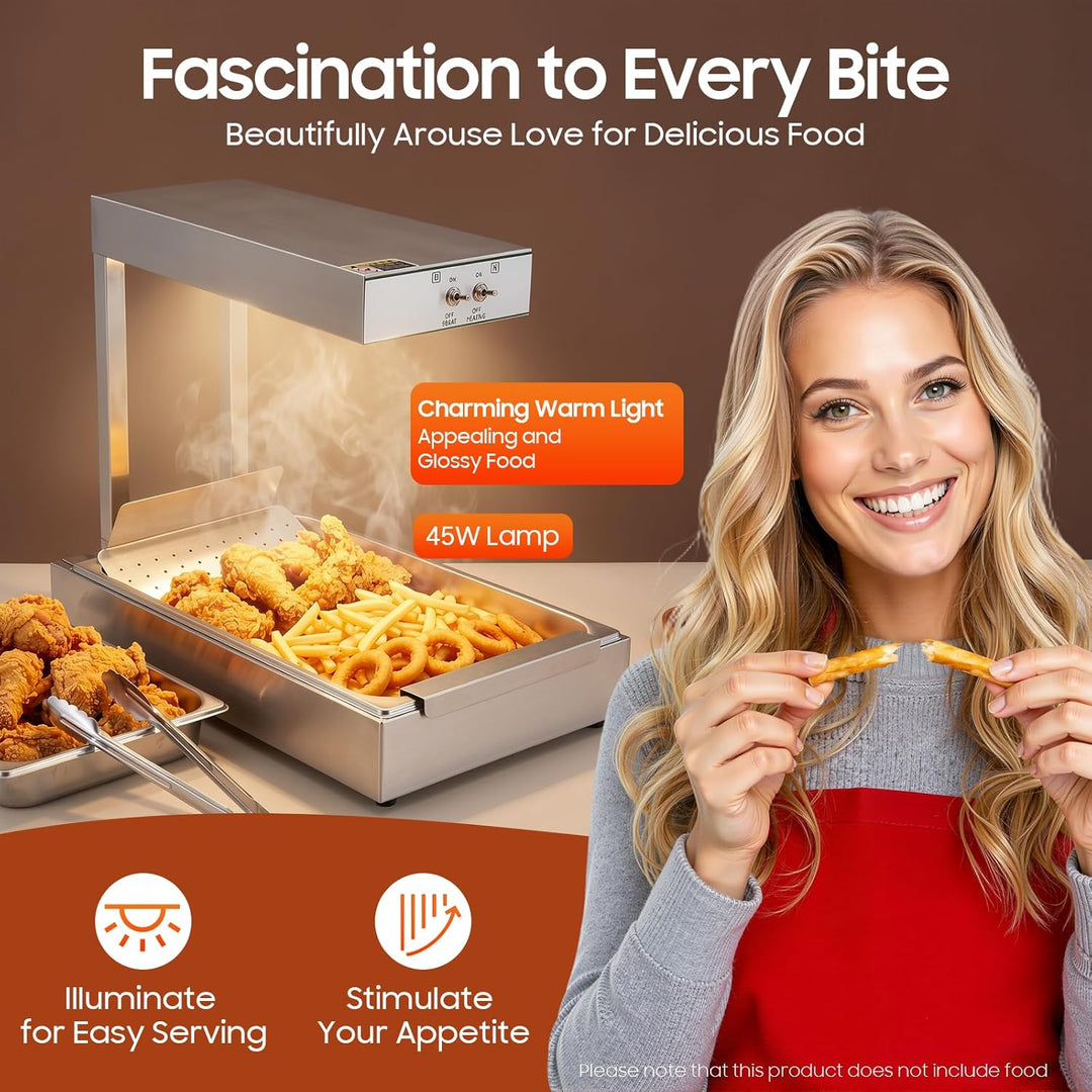 Pommes Frites Wärmer, 750W Pommeswärmer, 80℃ Wärmebrücke mit Beleuchtung, Dicke 0,55mm, Tabletop Ede