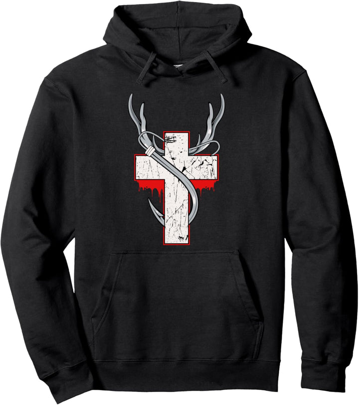 Christliches Kreuz Hirsch Jagd Angeln Jäger Angler Geweih Pullover Hoodie