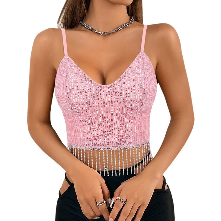 Naimo Damen Glitzer Pailletten Crop Top Ärmellos V-Ausschnitt Tank Tops Weste Sparkle Camisole Bluse