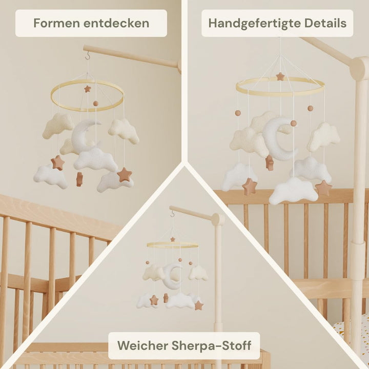 Baby Mobile für Babybett, Kuschelmond Filz Mobile Baby mit weichen Teddy-Elementen, handgemachtes Mo