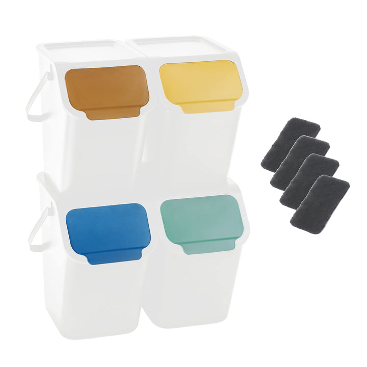 Go Practic 4-er Set Mülleimer und 4-Pack Bioaktivkohlefilter, Stapelbox Klick-Deckel, Abfalltrennsys