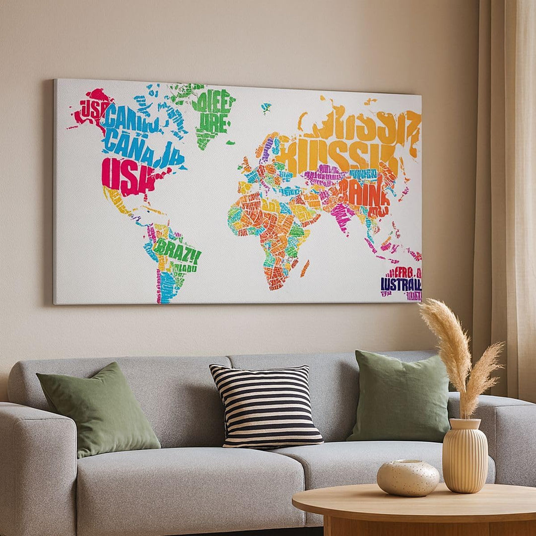 Wandbilder Dekoration Wohnzimmer Karte Worte Welt Geographie Panorama Bilder auf Leinwand 120x50cm L