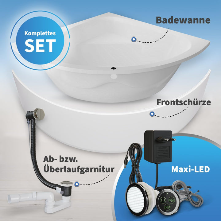 AQUADE Acryl Eckbadewanne 140x140 Modell: Koblenz - Weiss Badewanne Komplettset 140x140 - Badewannen