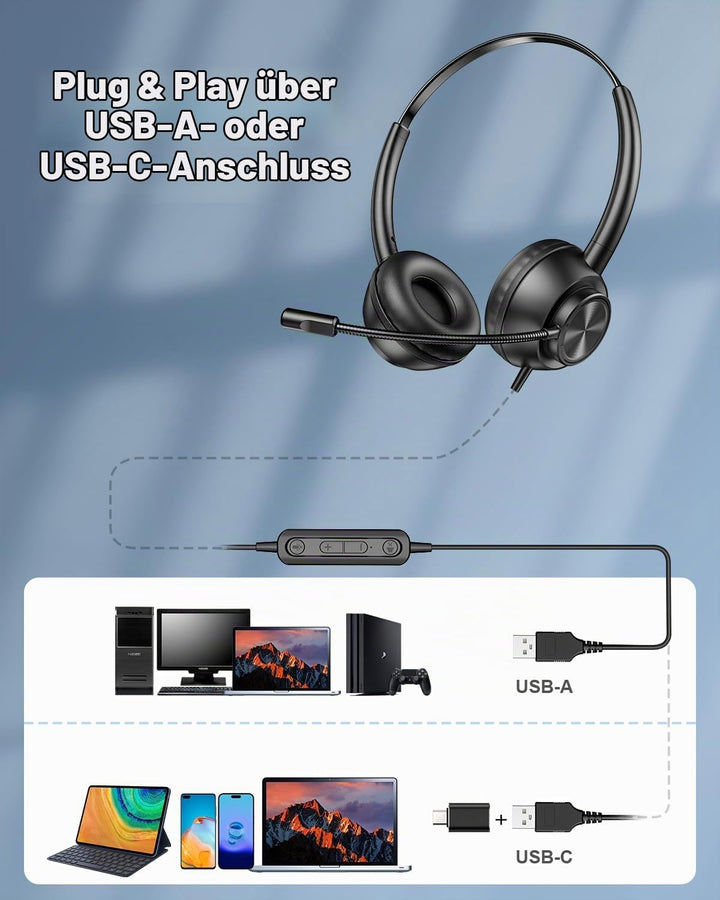 New Bee USB Headset mit Mikrofon, PC Headset mit USB-A &amp; USB-C, Verstellbares Mikrofon für Call Cent
