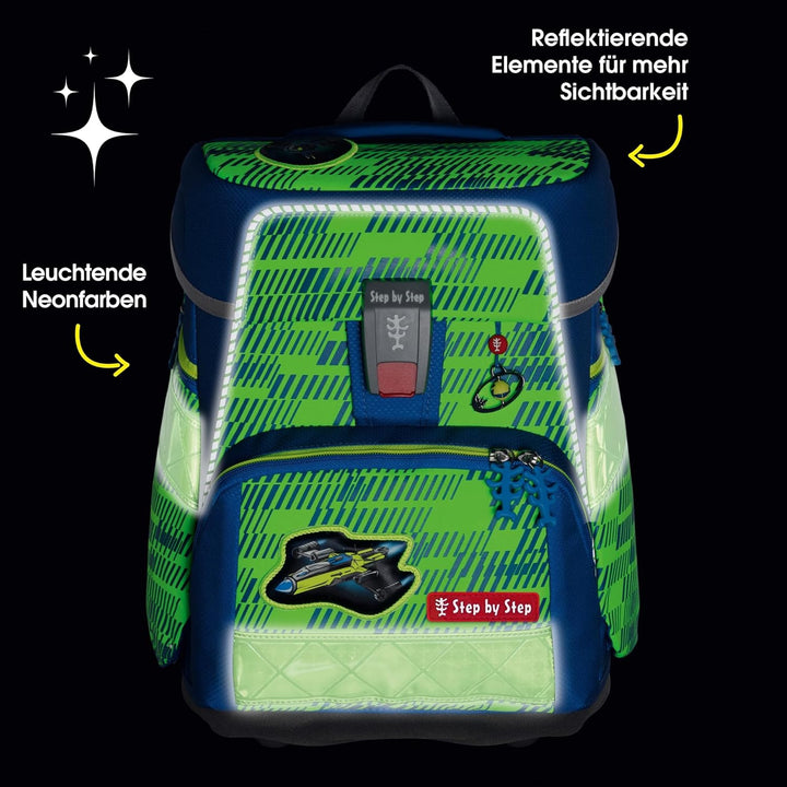 Step by Step Schulranzen-Set SPACE Shine, 5-teilig, ergonomischer Tornister mit Reflektoren, höhenve