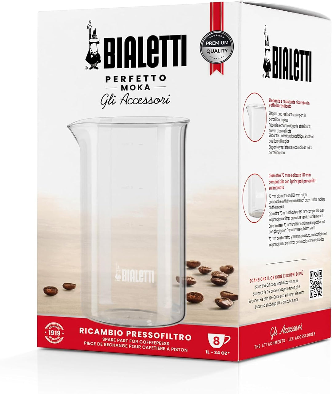 Bialetti 3240 Caffettiera Spare Glass 1 Litro 8 Tazze, Trasparente, Altro, 1 l