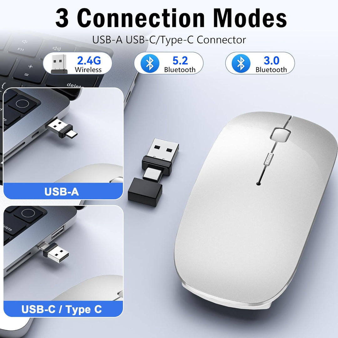 Mouse Wireless Bluetooth 5.2/3.0 e ricevitore USB-A/tipo C 2 in 1, Mouse silenzioso Con modalità jig