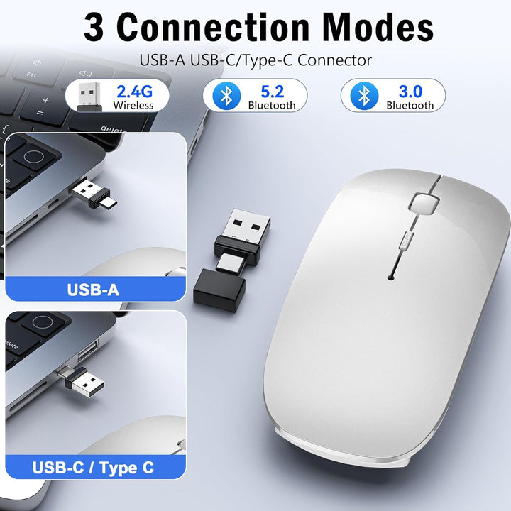 Mouse Wireless Bluetooth 5.2/3.0 e ricevitore USB-A/tipo C 2 in 1, Mouse silenzioso Con modalità jig