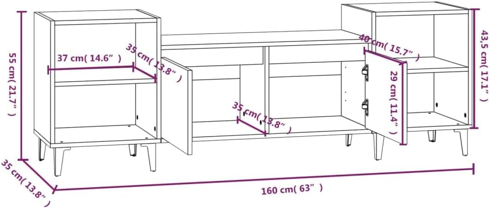 TJROO TV-Schrank aus Rauch-Eiche, 160 x 35 x 55 cm, aus mehrschichtigem Holz und Metall, niedriger S