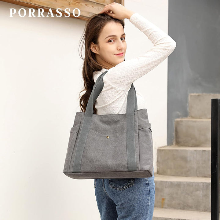 PORRASSO Canvas Schultertasche Einfache Handtasche Damen Tote Bag Mädchen Henkeltasche Strandtasche