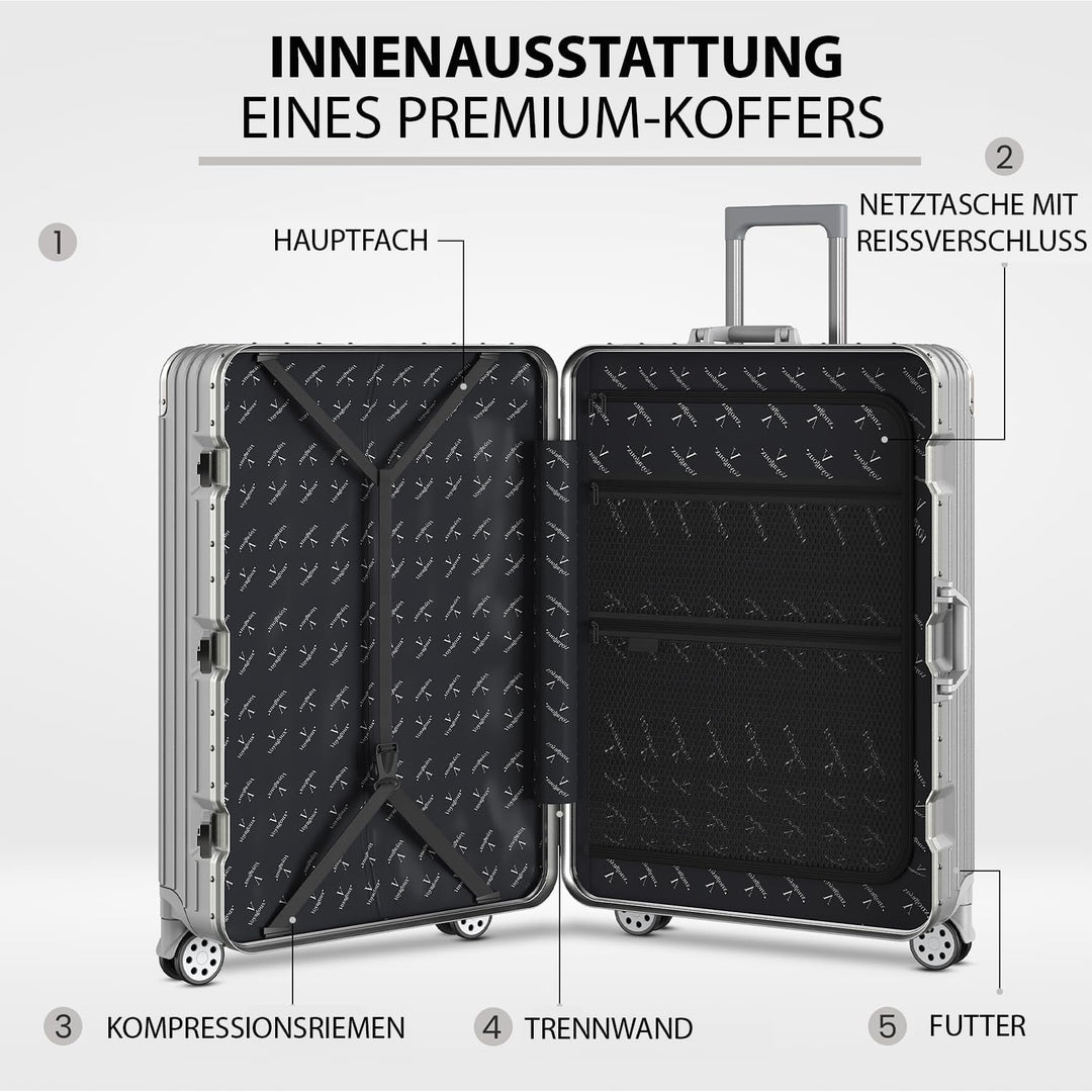 Voyagoux Koffer - 72L, Hartschalenkoffer mittelgross, TSA-Schloss, Aluminium, Reisekoffer mit Rollen