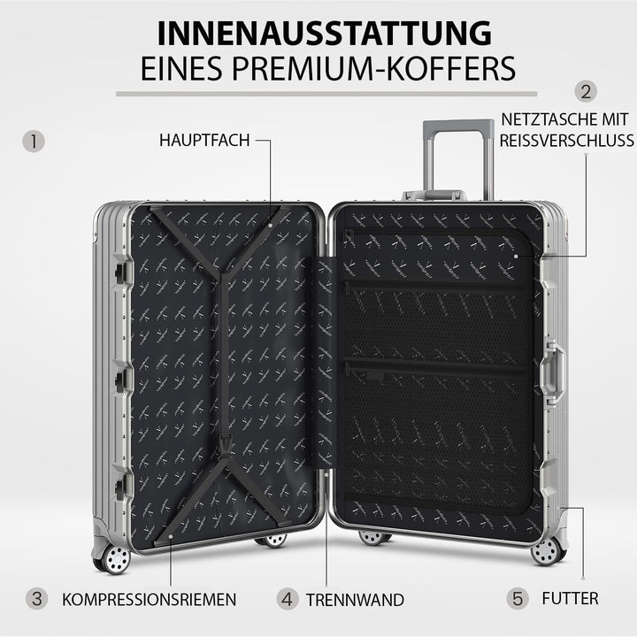Voyagoux Koffer - 72L, Hartschalenkoffer mittelgross, TSA-Schloss, Aluminium, Reisekoffer mit Rollen