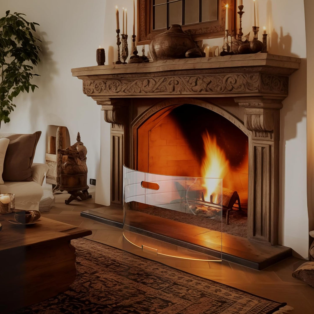 BIJON Kaminschutzgitter aus Spezial-Sicherheitsglas, Hitzeschutz Funkenschuztgitter, Ofenschutzgitte