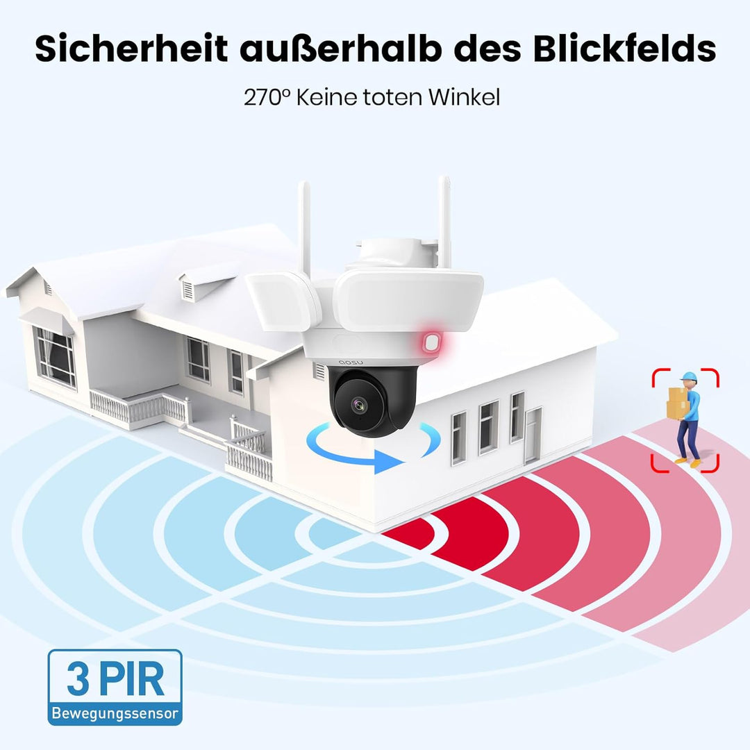 AOSU 3K Überwachungskamera Aussen mit 2600 Lumen Flutlicht - 360 Grad Kabelgebundene Aussenkamera mi