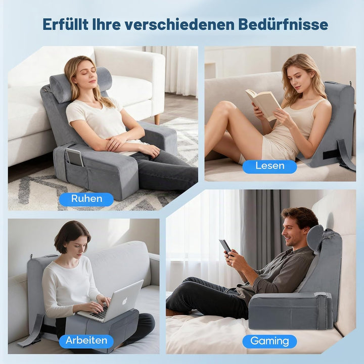 Ergonomisches Lesekissen mit Abnehmbarer Kopfstütze &amp; Armstützen, Rückenstütze für Bett, Sofa, Boden