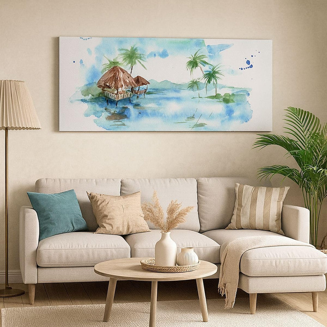 Wandbilder Dekoration Wohnzimmer Tropen Wasser Bungalow Ufer Panorama Bilder auf Leinwand 120x50cm L