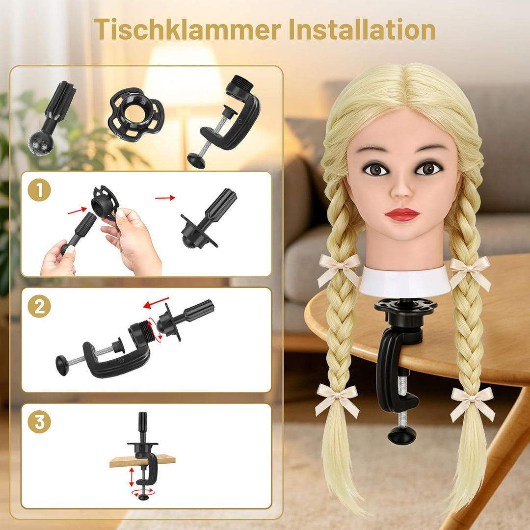 TwoWin Friseurkopf mit Haaren, 26 Zoll (66 cm) 80% Echthaar Mannequin Kopf, Trainingskopf für Stylin