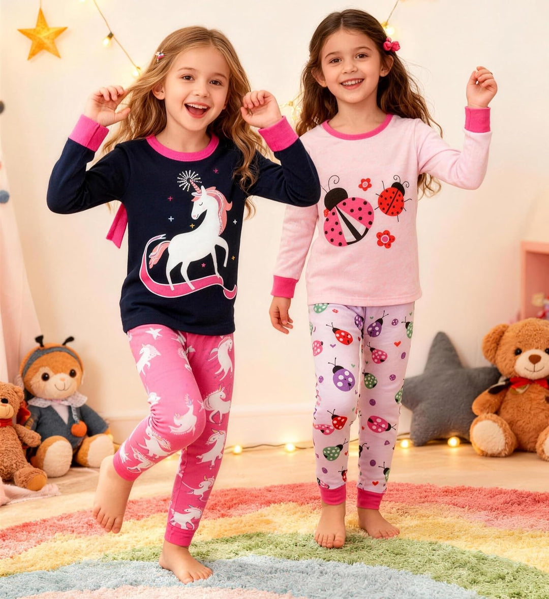 LOLPIP Mädchen Pyjamas 100% Baumwolle Schlafanzug für Kinder Schlafkleidung Langarm 4 Stück Set 1-12