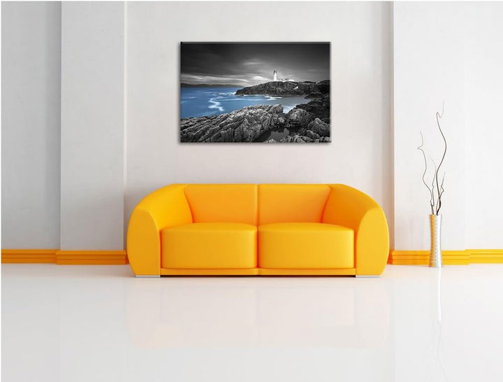 Leuchtturm an traumhaft blauem Meer schwarz/weiss Format: 100x70 auf Leinwand, XXL riesige Bilder fe