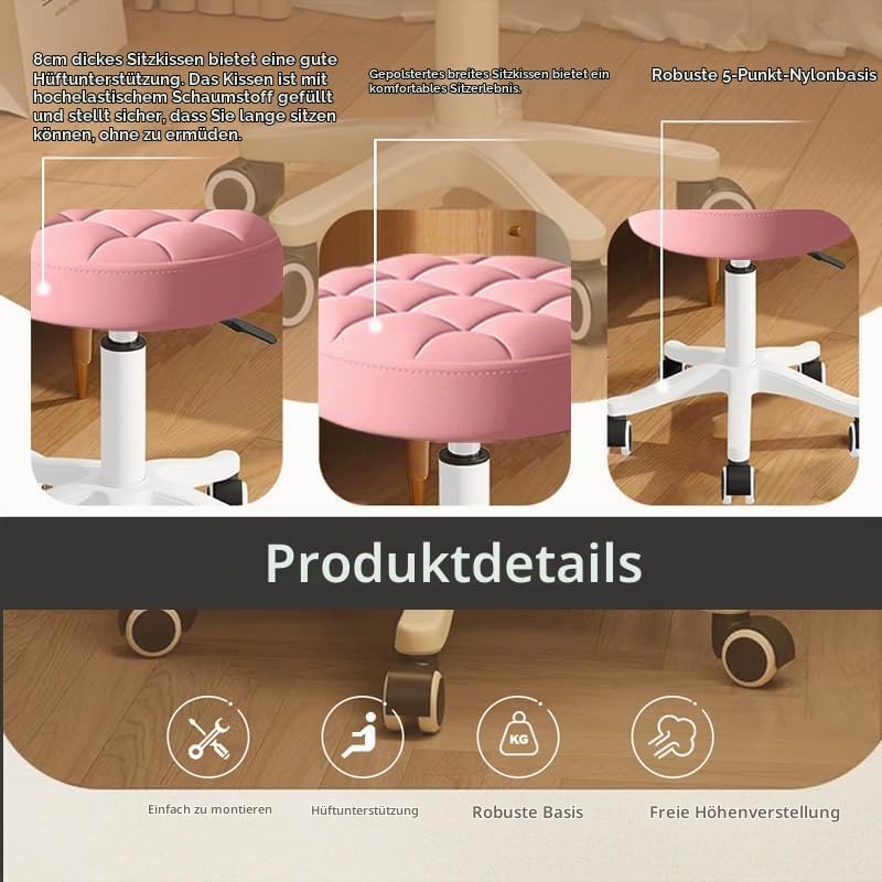 Kleiner Hocker – Runder Rollhocker mit Rädern – Höhenverstellbarer Drehschemel aus PU-Leder – Arbeit