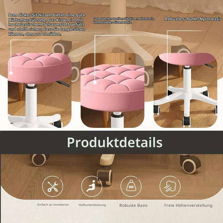 Kleiner Hocker – Runder Rollhocker mit Rädern – Höhenverstellbarer Drehschemel aus PU-Leder – Arbeit