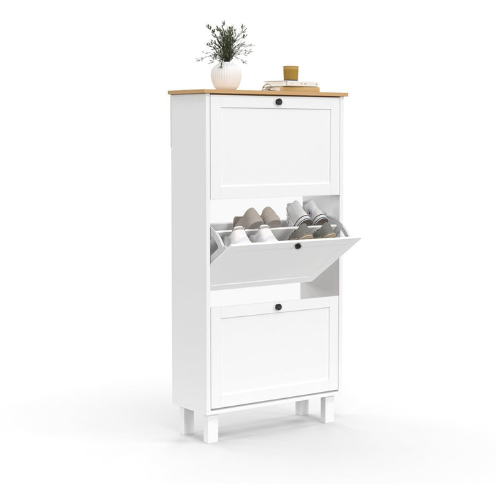 IDMarket - Schuhmöbel 18 Paar ACHILLE 3 Türen weiss und Holzplatte